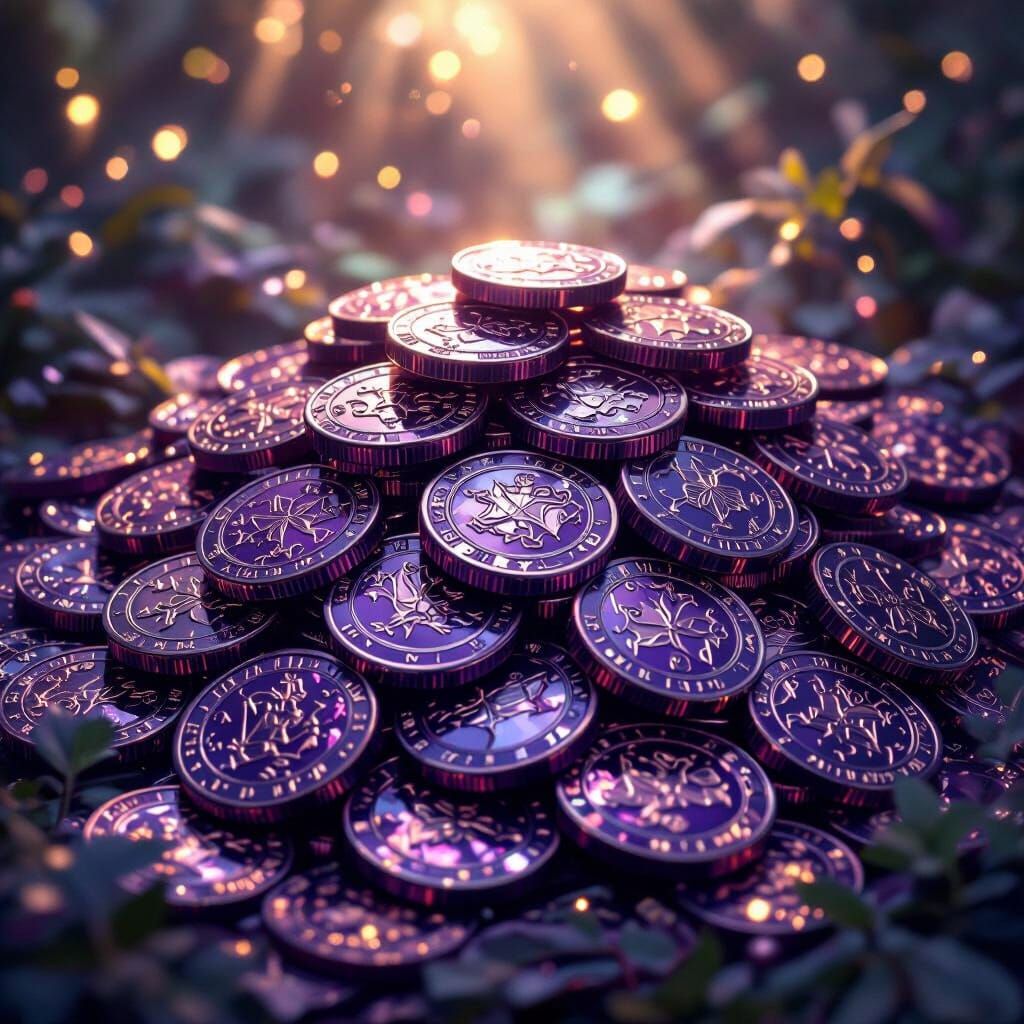 Amethyst Coins with Regal Engravings in Magical Lighting