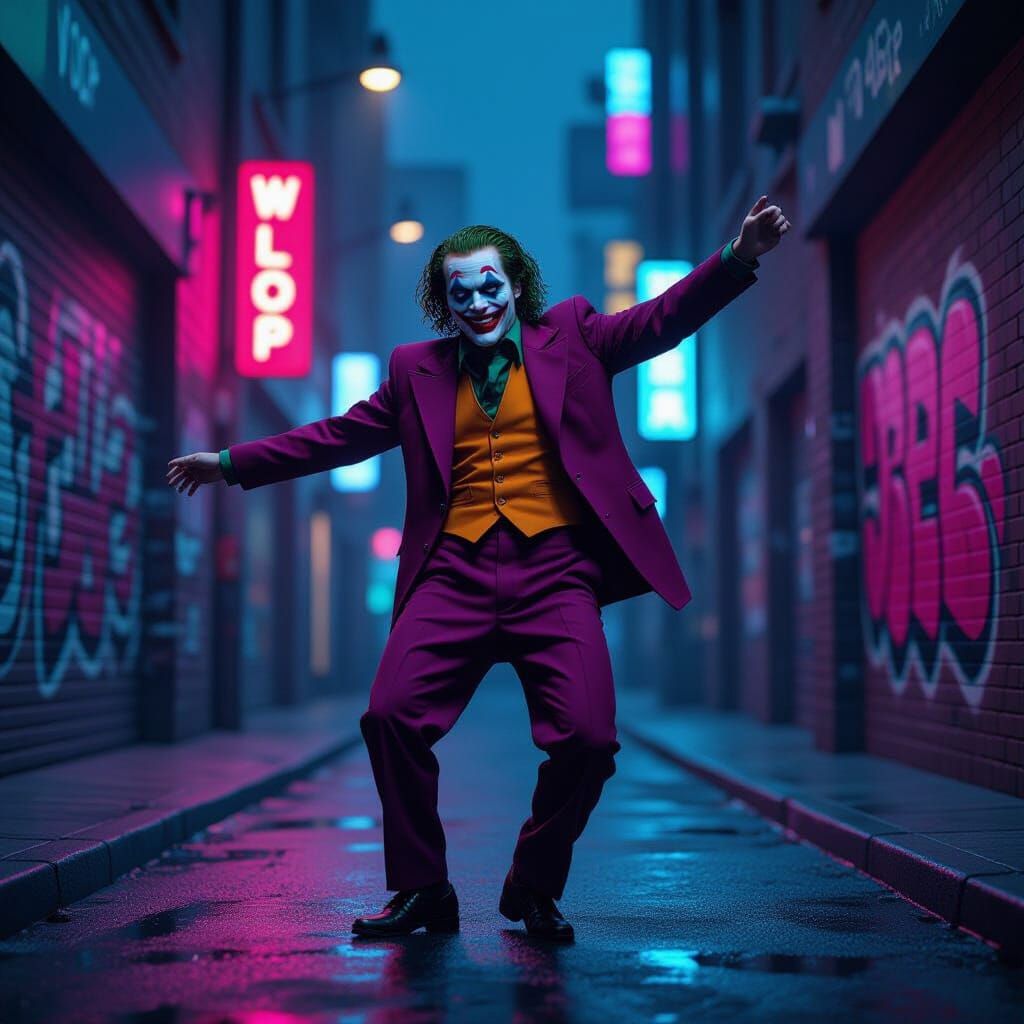 Joker Dancing in Neon Alleyway: Digital Art