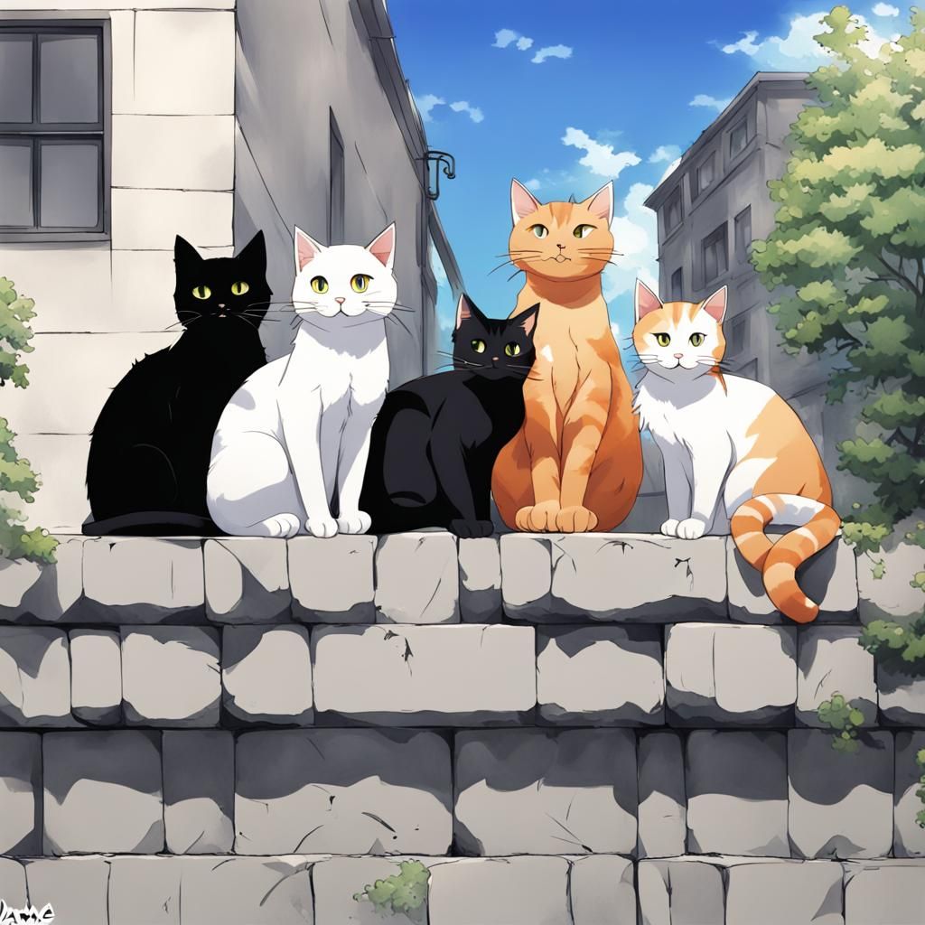 Cats on a Wall in Anime Style