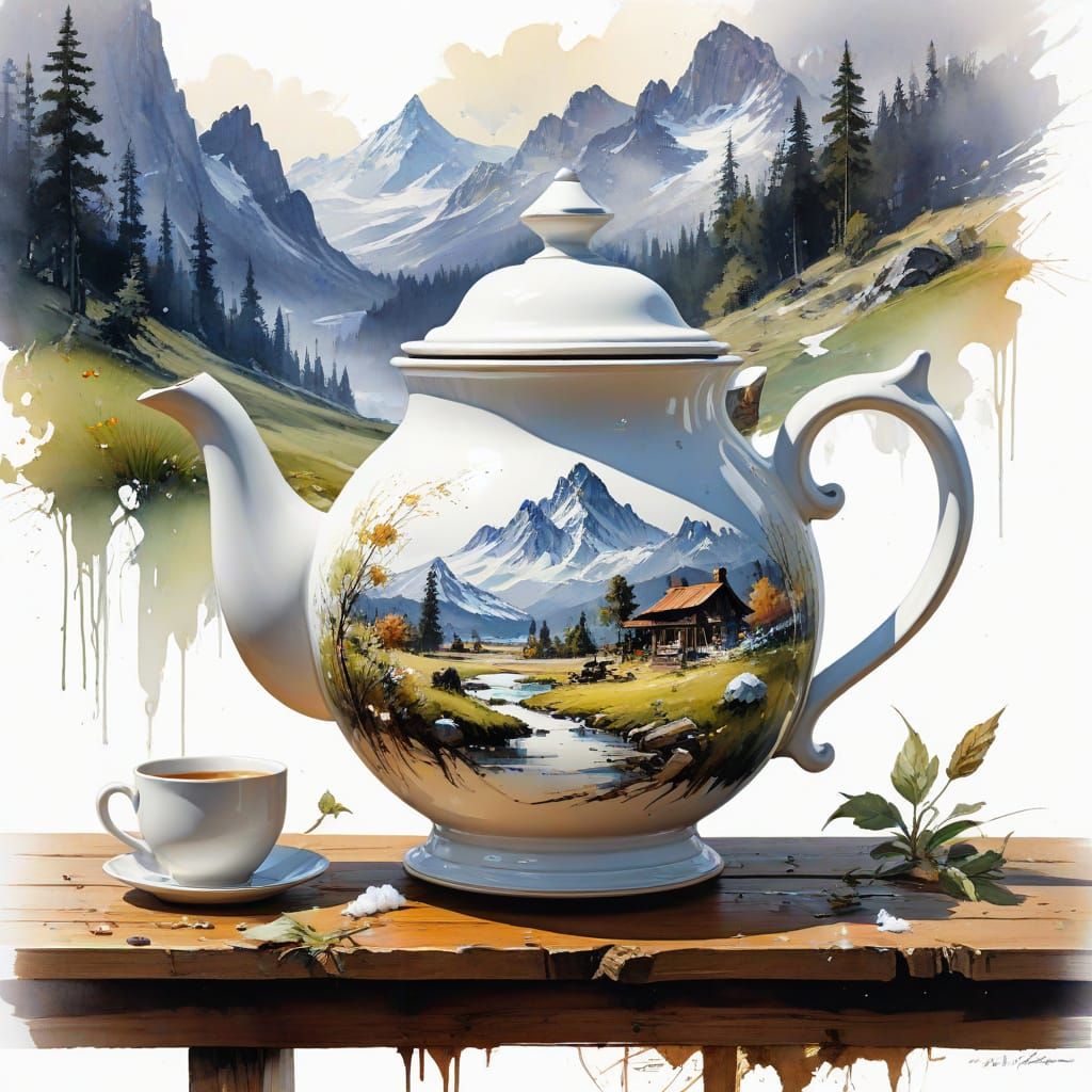 Timescape Art A chipped ceramic teapot landscape...