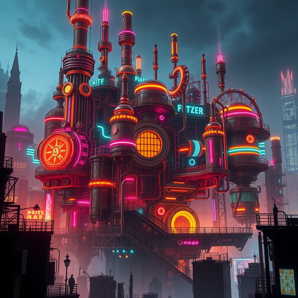 Vibrant Steampunk Metropolis at Night