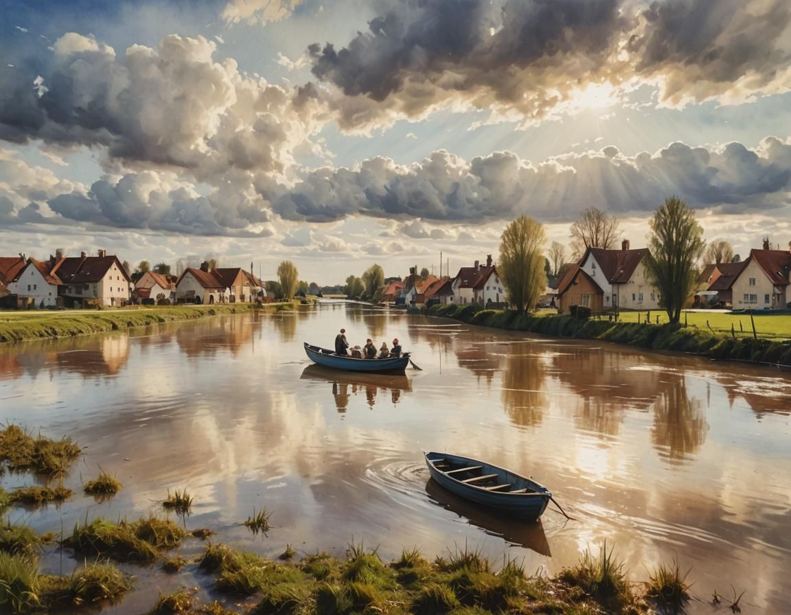 Flooded Village in Impressionistic Style