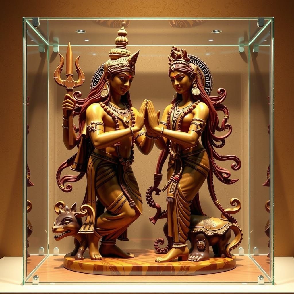 Shiva and Parvati in Divine Dance, 3D Realistic Wooden Statu...