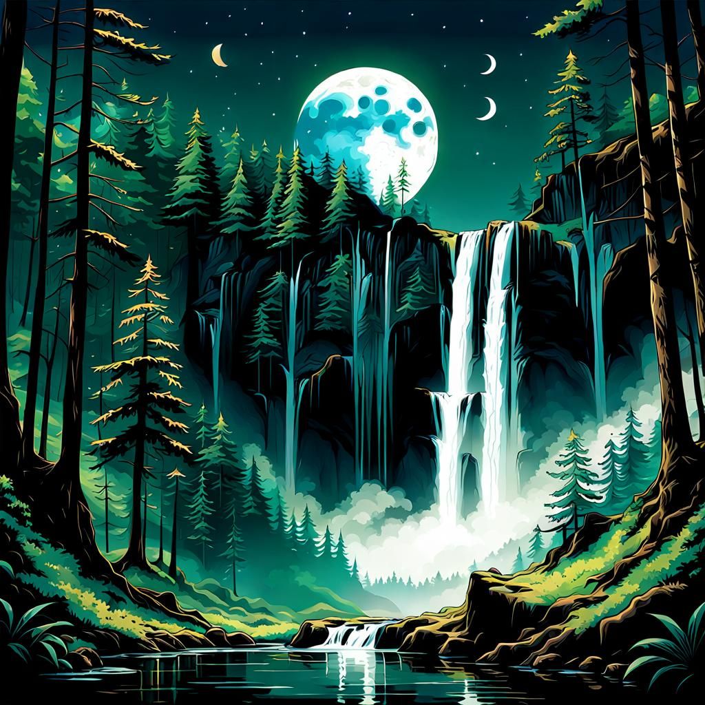 Surreal Waterfall Forest Under Opaque Moon