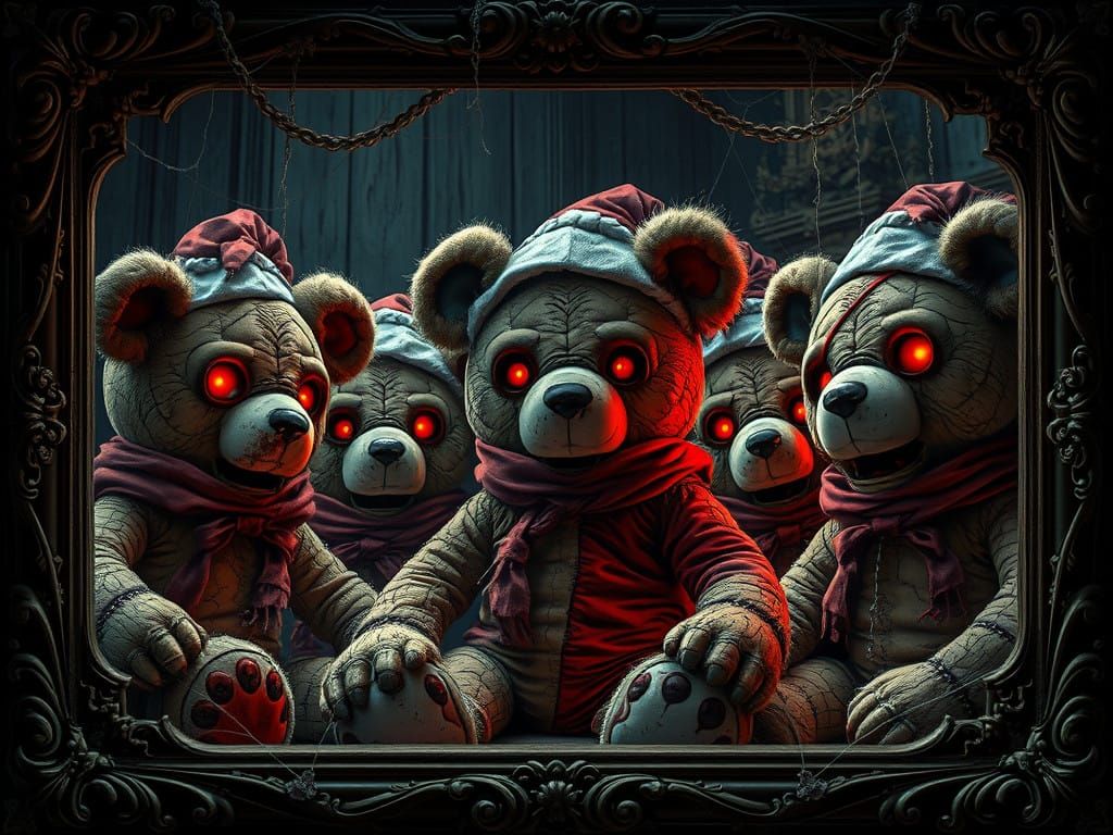 Sinister Holiday Characters as Twisted Stuffed Bears in Goth...