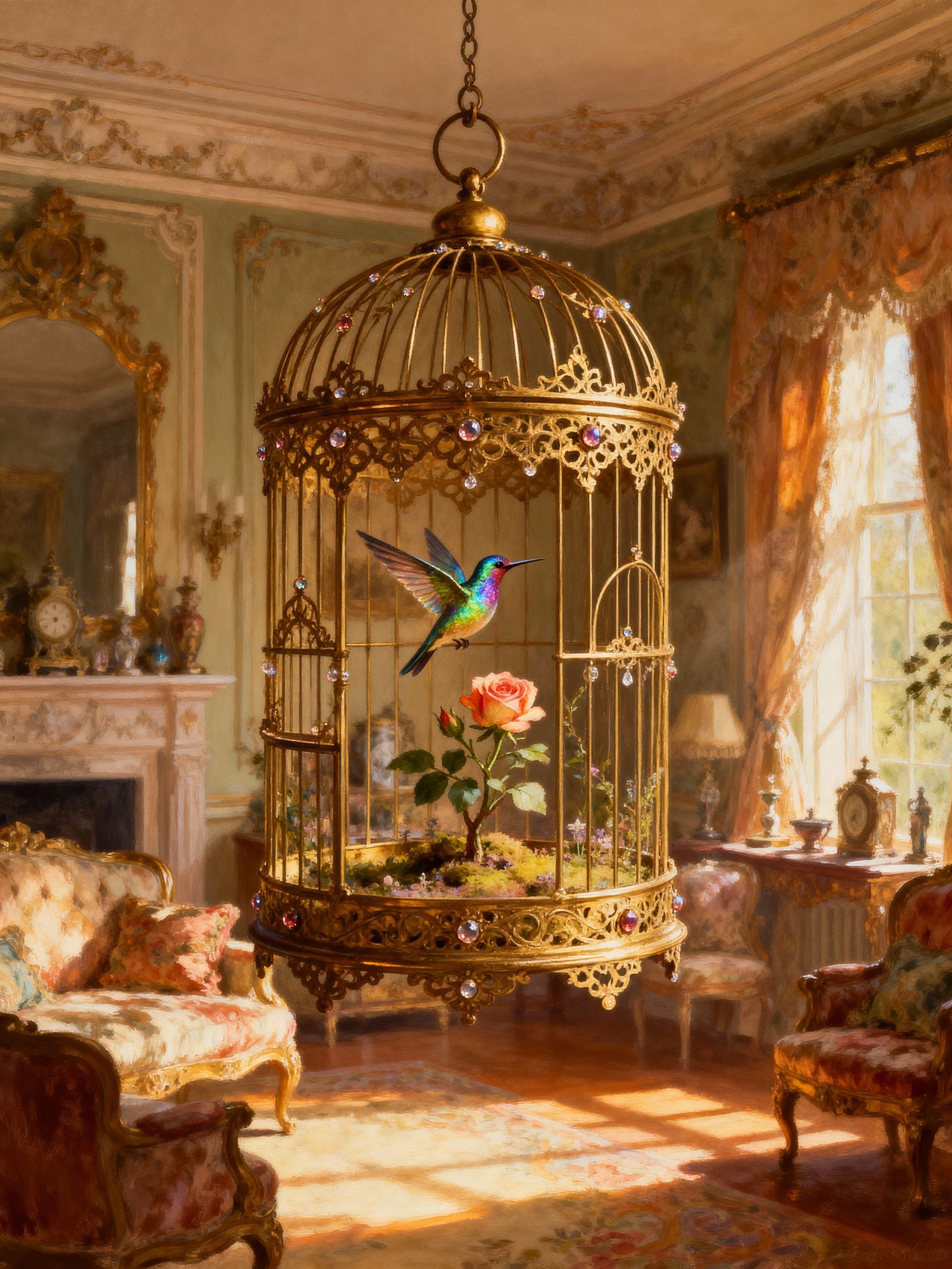 Antique Golden Birdcage in Sunlit Victorian Parlor