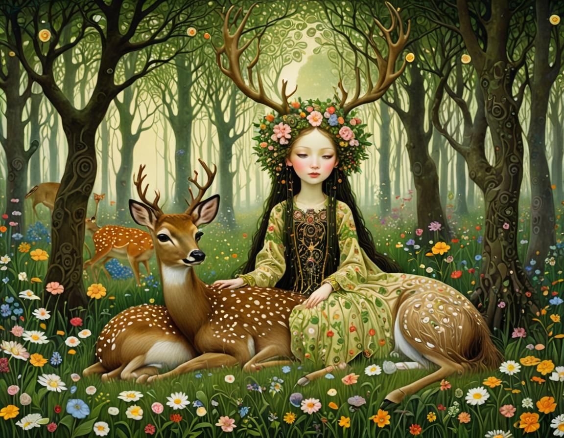 The Little Forest Princess and Her Deer in a Whimsical Morni...