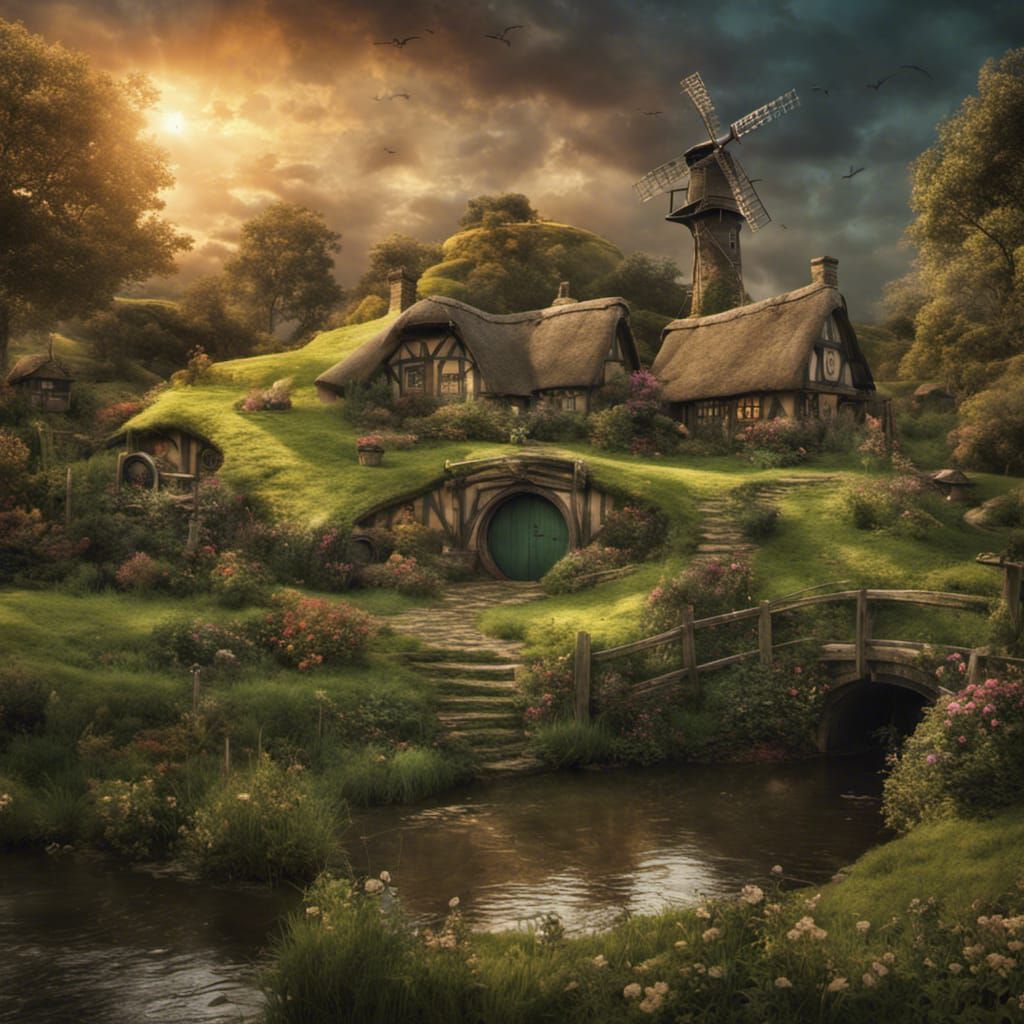 Hobbiton Village with Windmill: Detailed Digital Matte Paint...