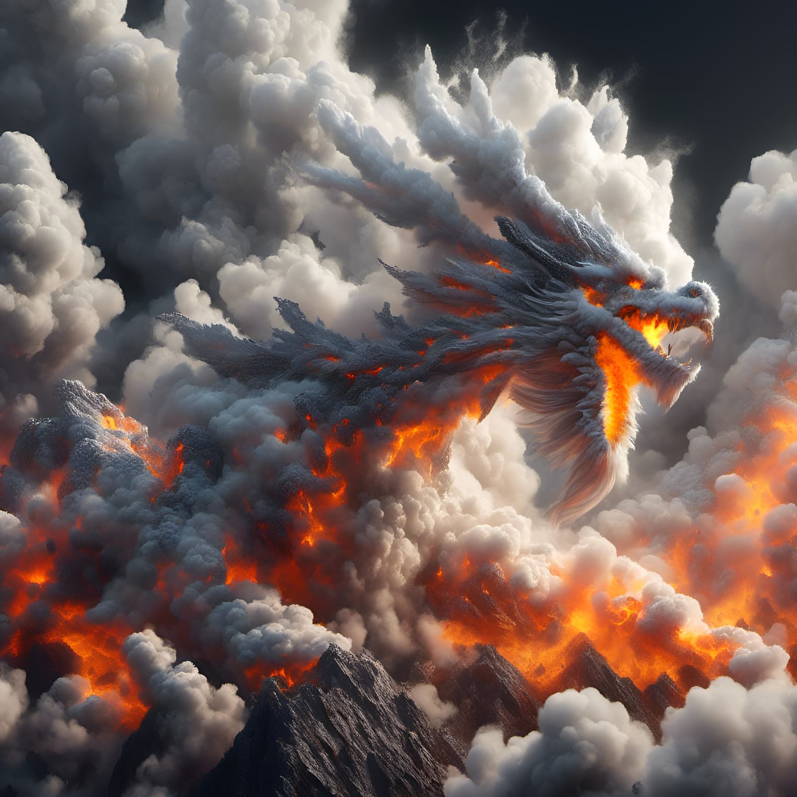 White Cloud Dragon Erupting Volcano in Fantasy Art
