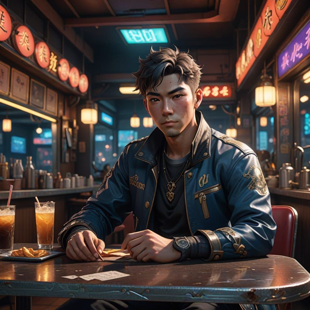 Rugged Diner Patron in Retro-Style Setting