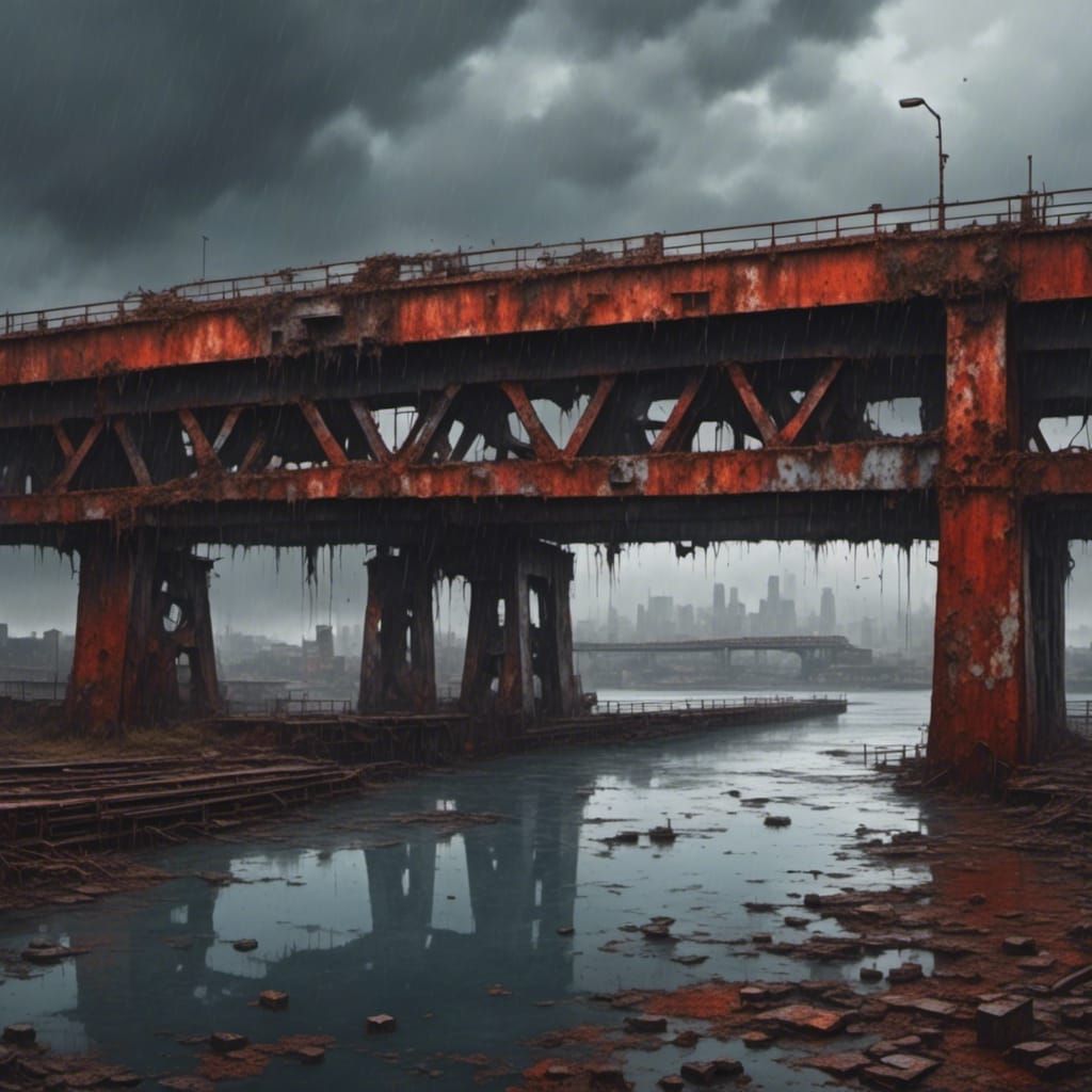 Sad rainy morning under the rusted red metallic bridge