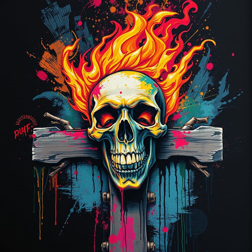 Vibrant Flaming Skull on a Weathered Cross