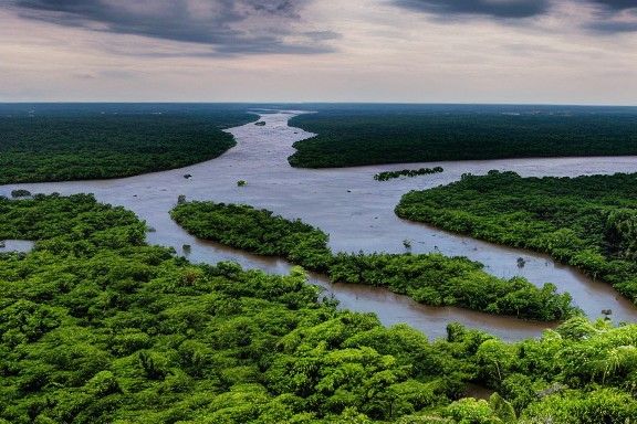 Lush Amazon River Through Dense Rainforest
