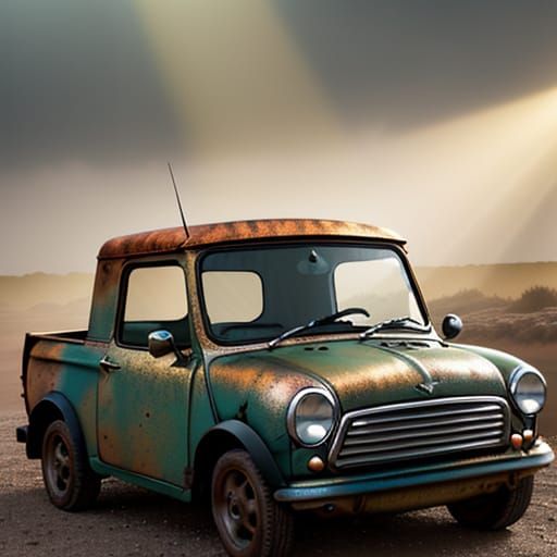 Verdigris Mini Truck in God Rays: Digital Art