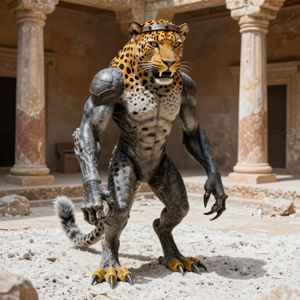 Ose Shedim: Leopard-Humanoid Creature in Ochre Courtyard