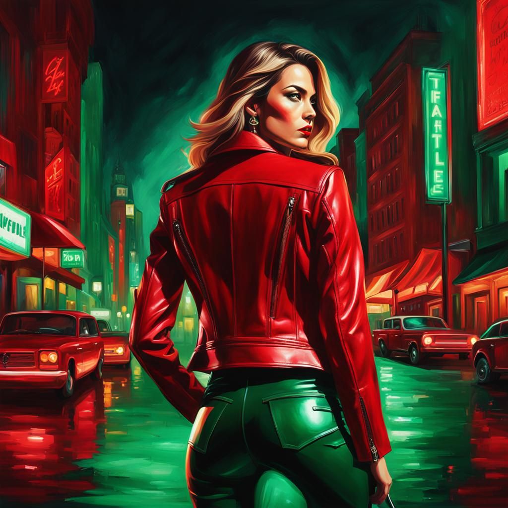 Confident Woman in Red Leather: Comic Book Art