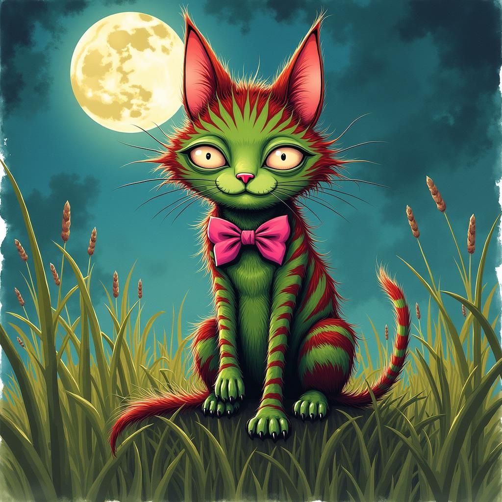 Whimsical Watercolor Portrait of Grotesque Striped Cat