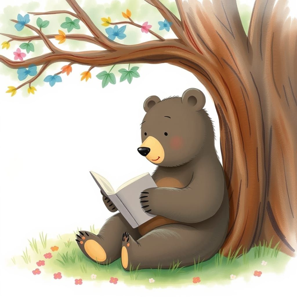 Bear Reading Book in Soft Pastel Drawing