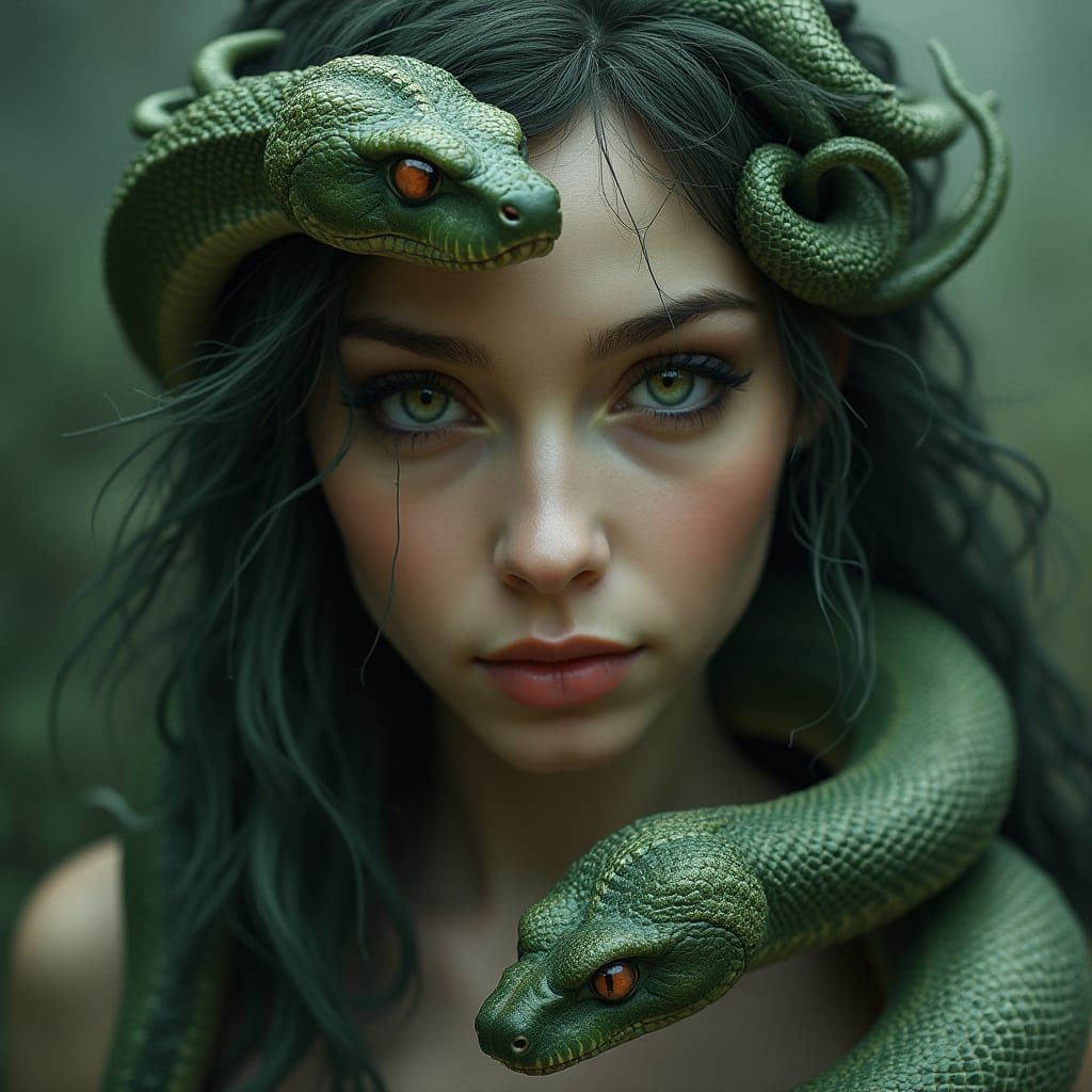 Alluring Medusa Goddess Emerges from Shadows