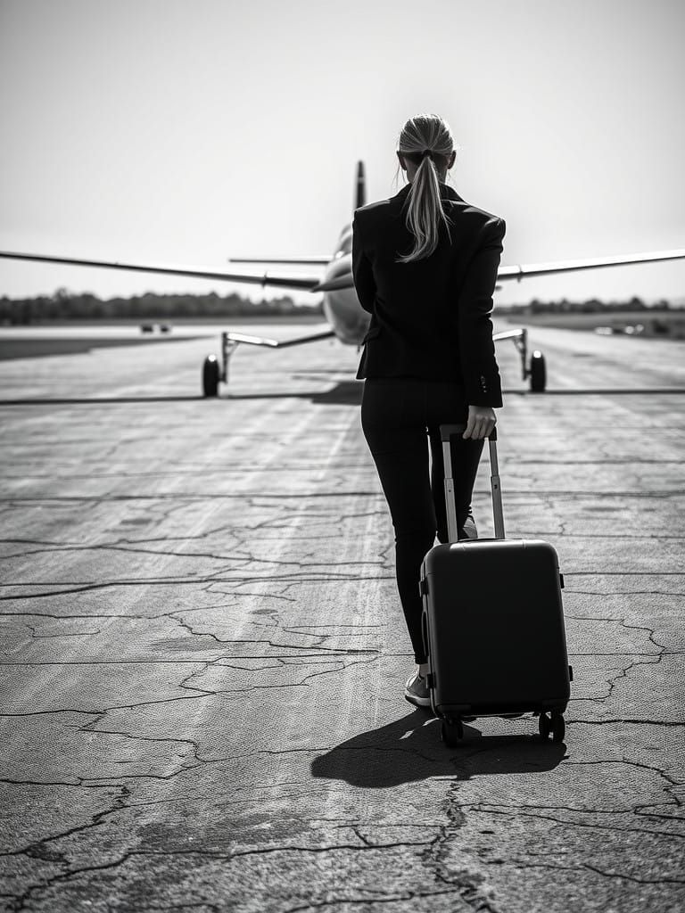 Striking Black and White Scene of Traveler on Airstrip