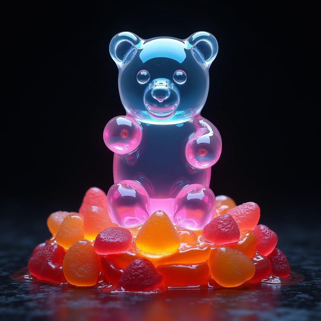 Fantastical Gummy Bear Rising from a Vibrant Jelly Sandwich