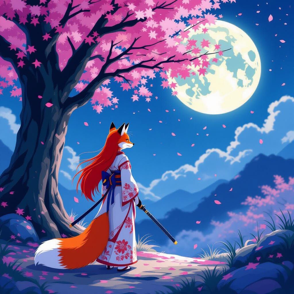 Fox Ninja Under Sakura Tree in Anime Style