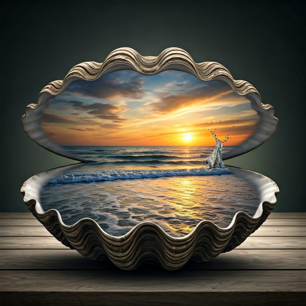 Hyperrealistic Clam Shell Sunset Seascape