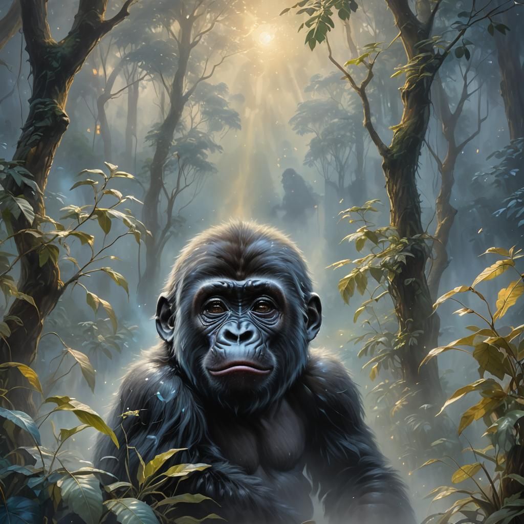 Crying Baby Gorilla in Misty Forest, Ethereal Oil Painting
