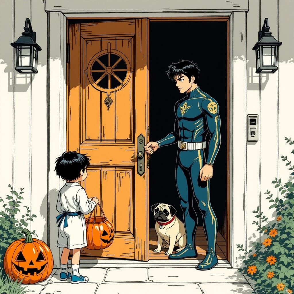 Anime Man Greets Trick-or-Treaters in Detailed Lineart