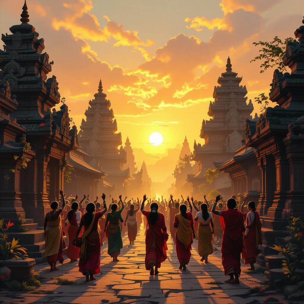 Joyful Celebration at Ancient Temple Sunrise