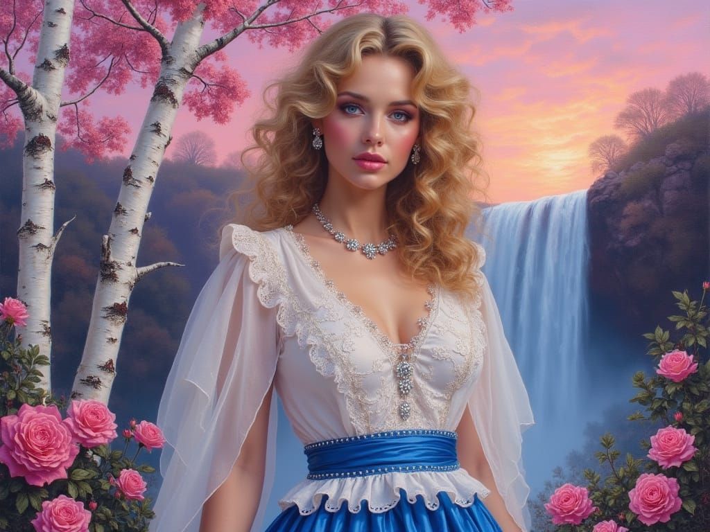 Woman With Ringlet Curls and Roses in Impressionist Oil Pain...