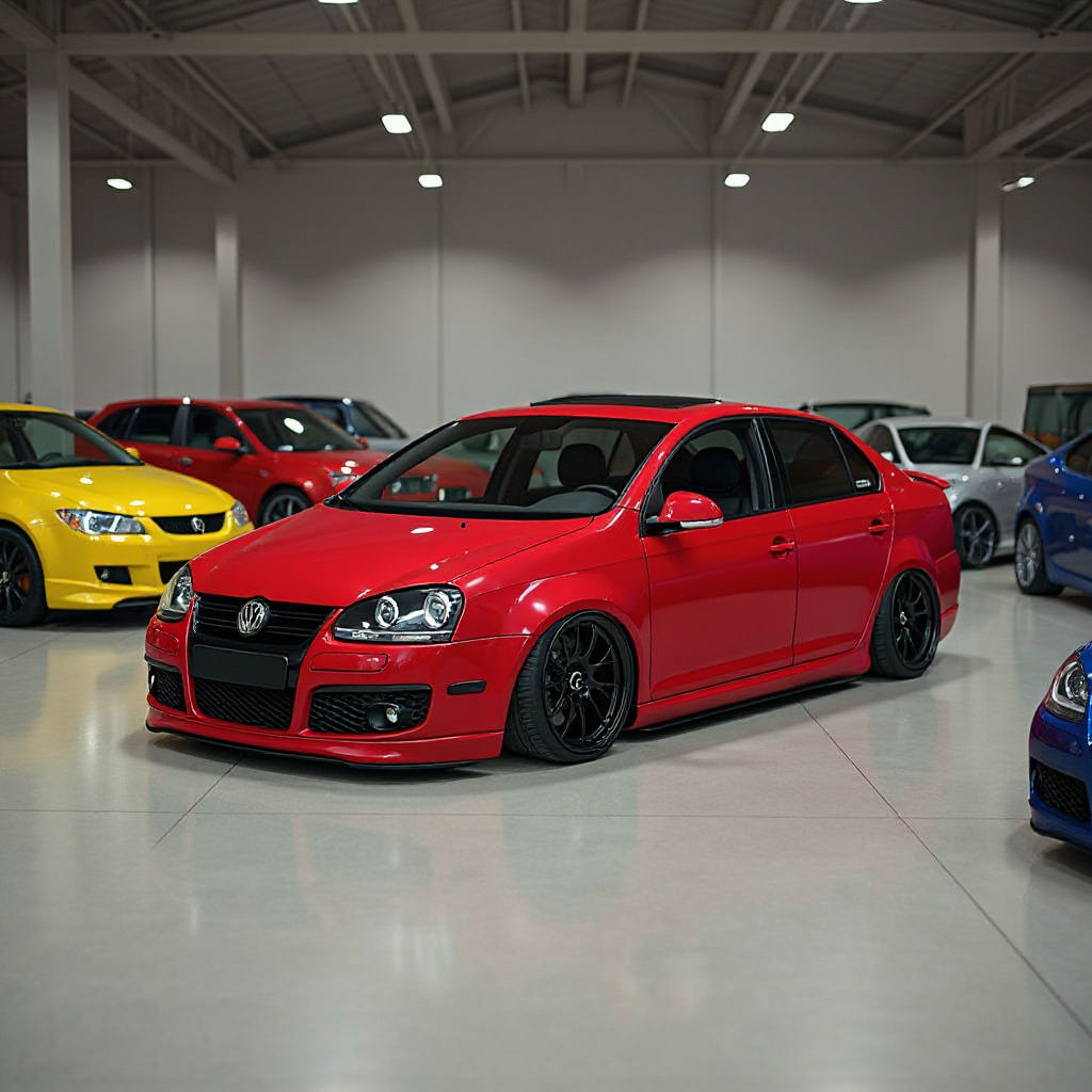 Customized Red VW Jetta with Black Wheels