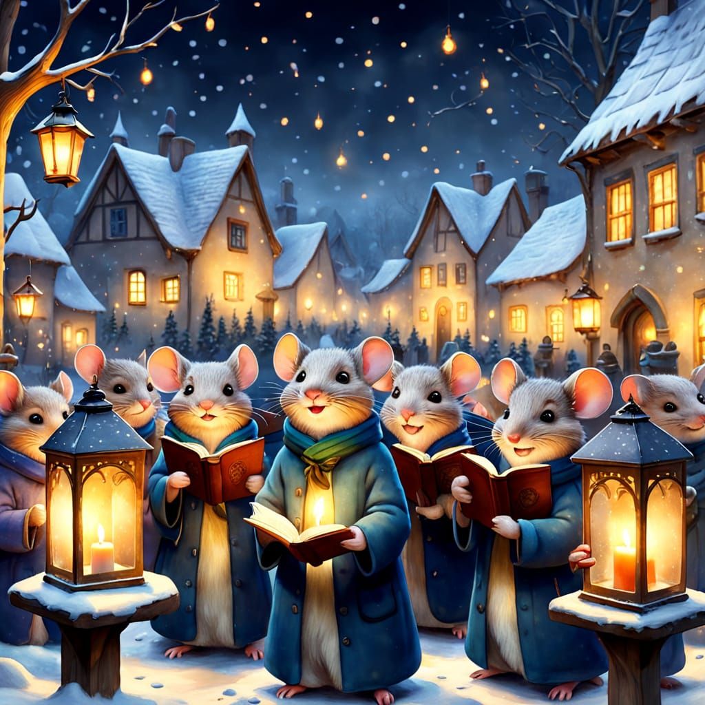 Mouse Choir Singing Carols in Snowy Village
