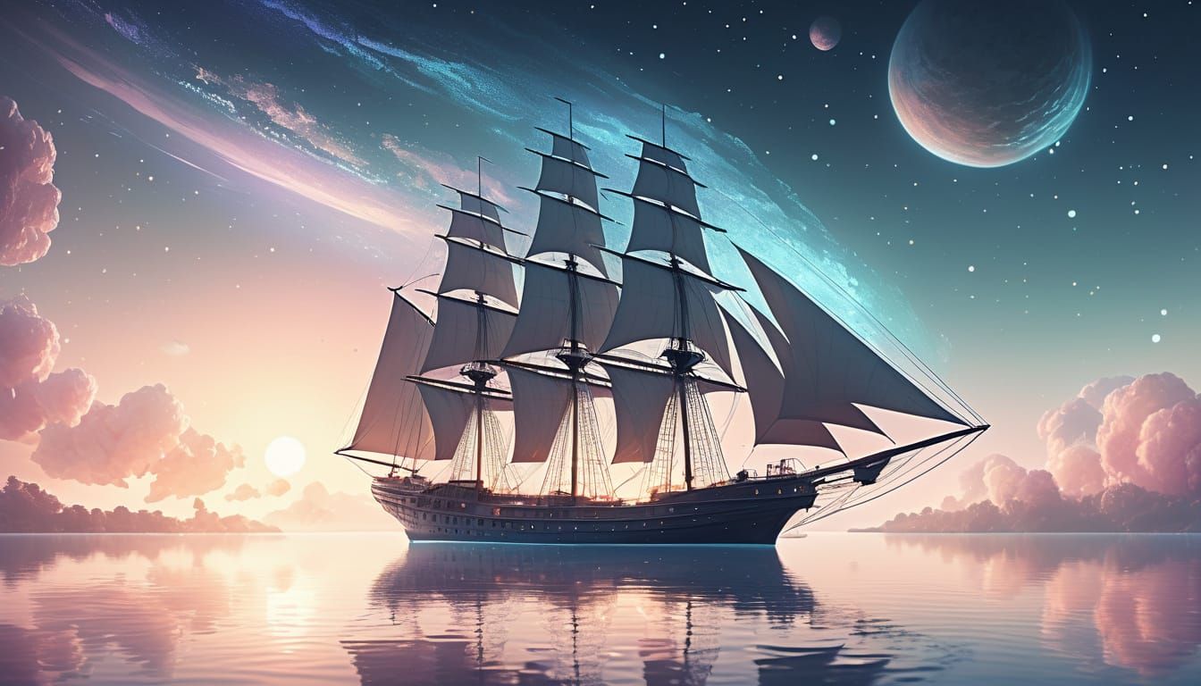 Solar Sailing Ship with Florals in Soft Sci-Fi Art
