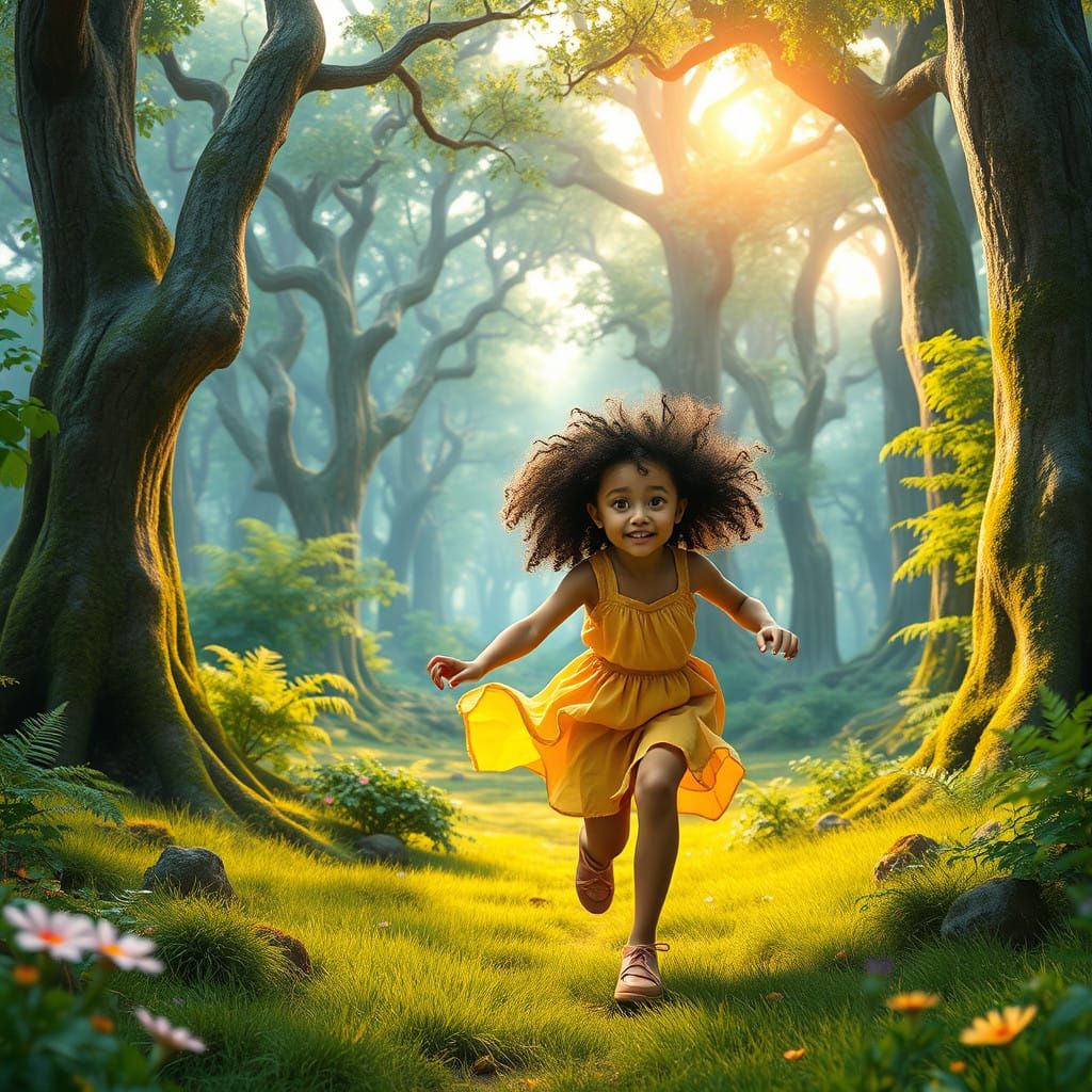 Young Adventurer Runs Through an Enchanted Forest in a Detai...