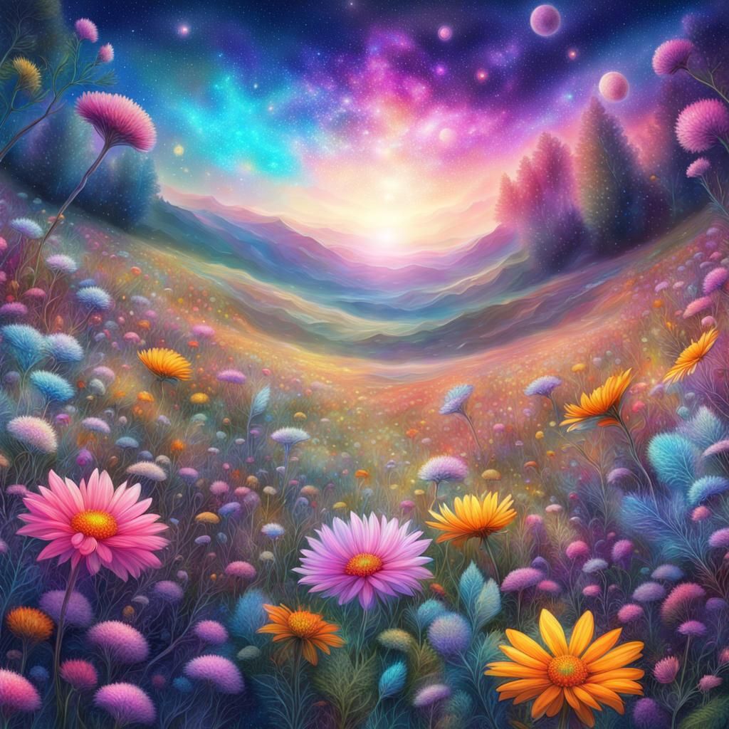 Holographic Flower Meadow in Astral Cosmic Illustration