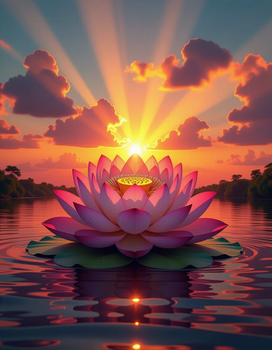 Giant Lotus with Mandala and Chakras on Amazon River at Sunr...