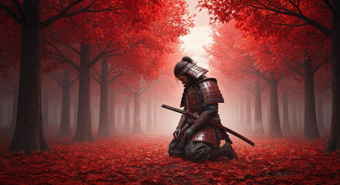 Samurai Reflects in Crimson Forest at Dusk