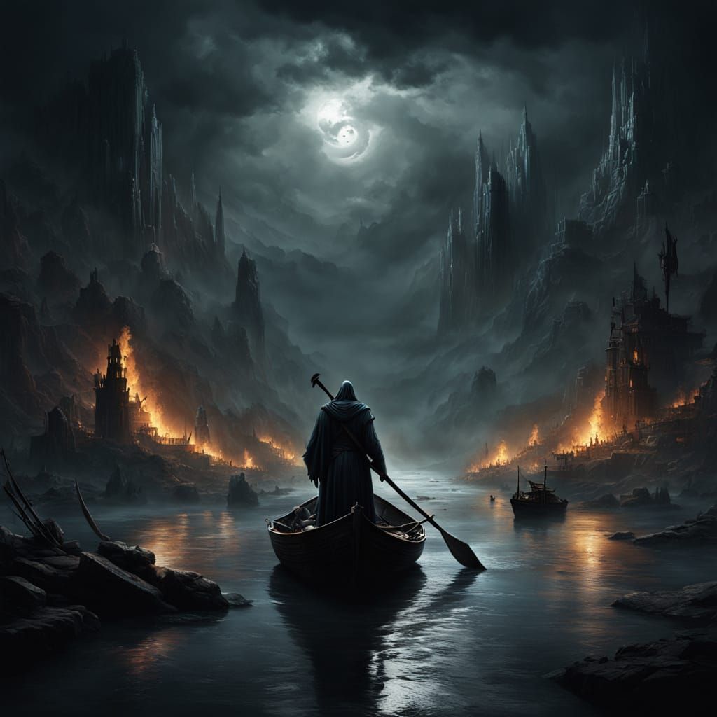 Charon Crossing the River Styx in Dark Fantasy Style