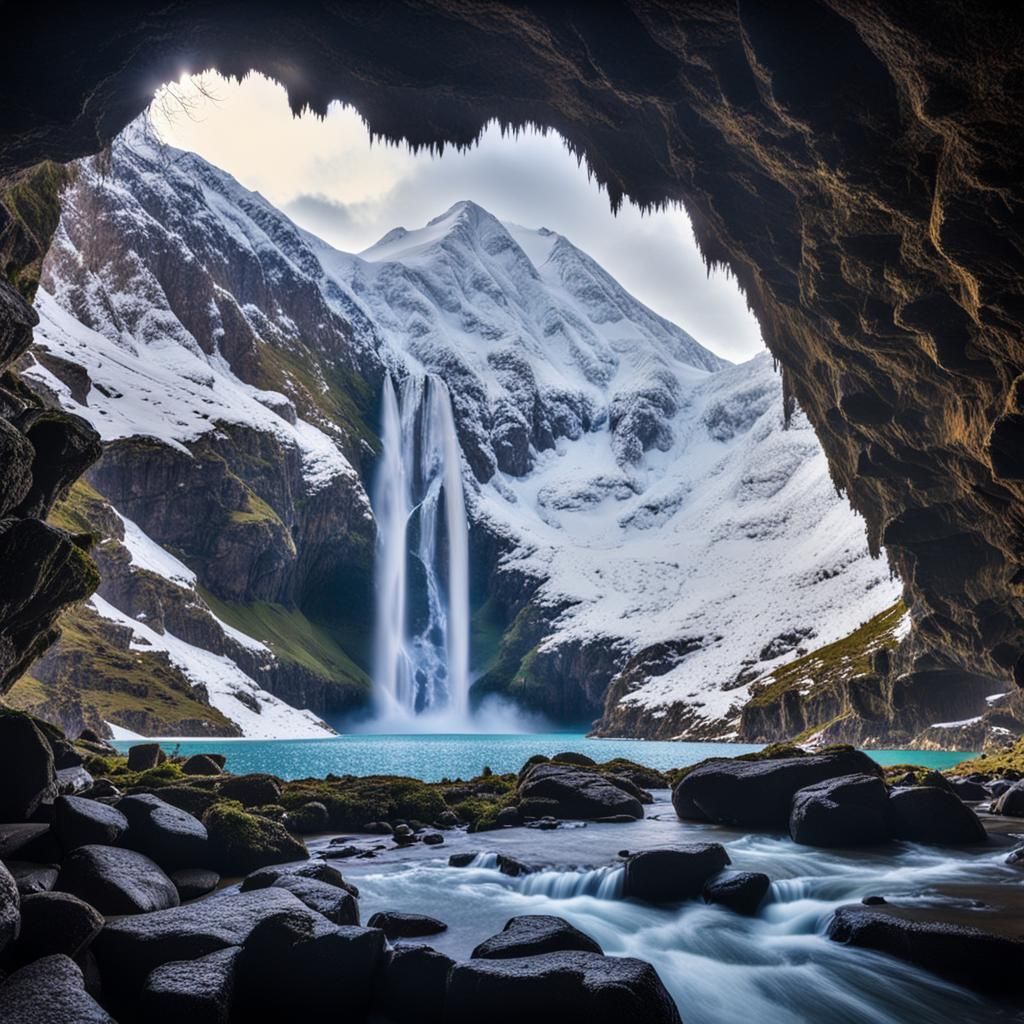 Cave View: Snow Mountain, Waterfall Landscape