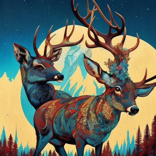 Scenic Deer: Hyperdetailed Gouache Illustration