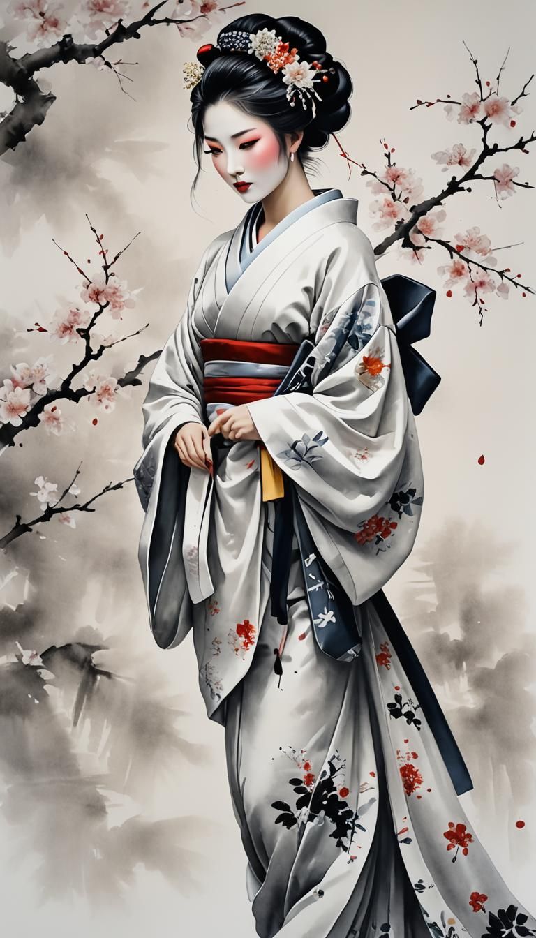 Geisha Portrait in Chinese Ink Painting Style