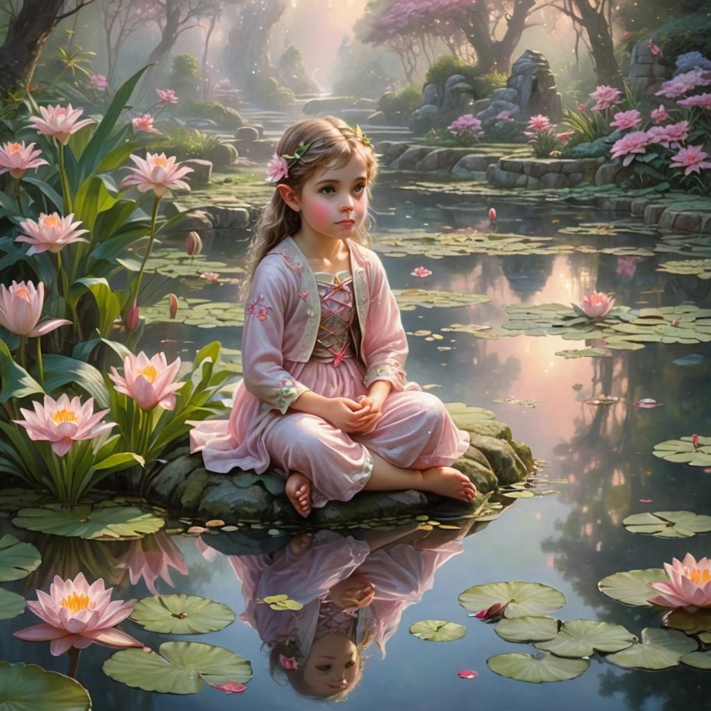 Ethereal Elf Girl in Lily Pond, Kinkade Style