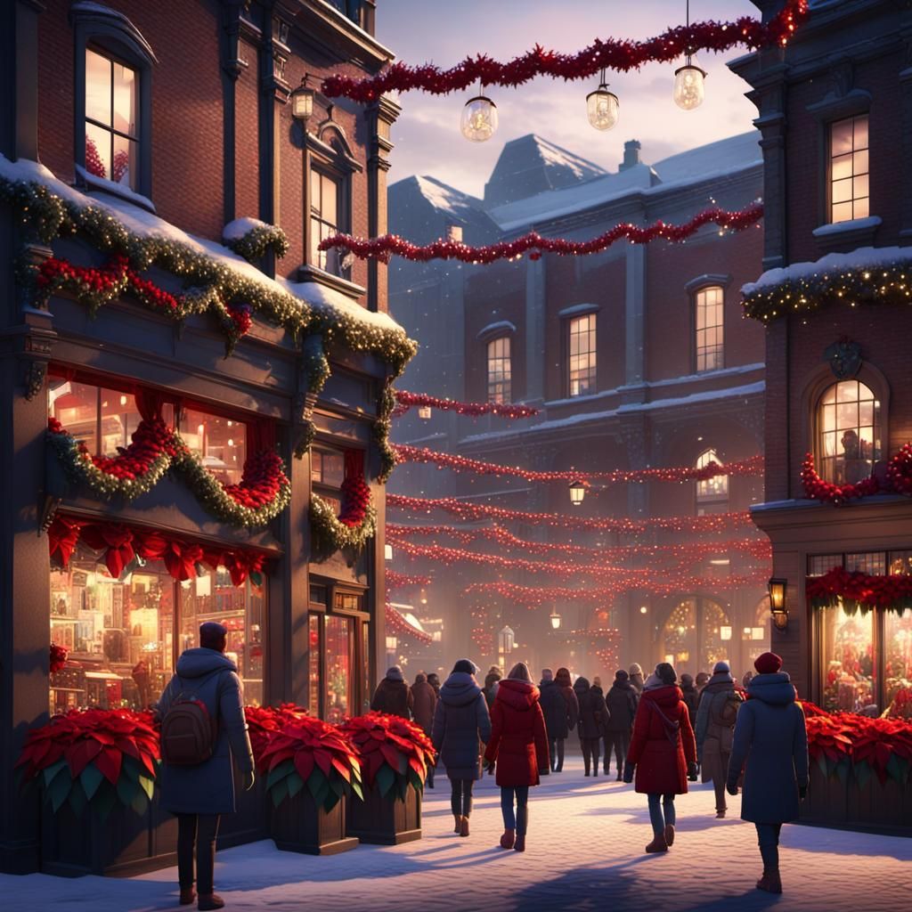 Festive Poinsettia City Square at Dusk: 3D Rendering