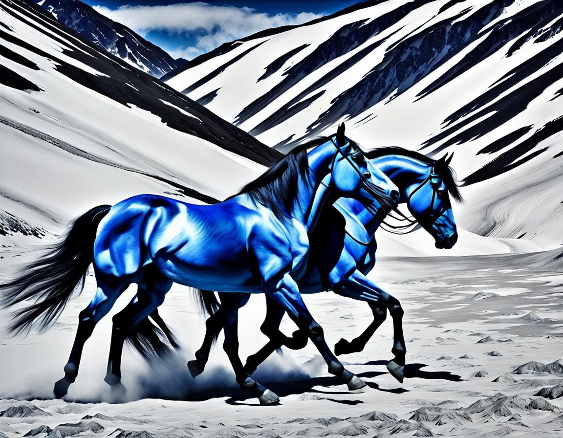 Blue Horses on the Moon in Abstract Style