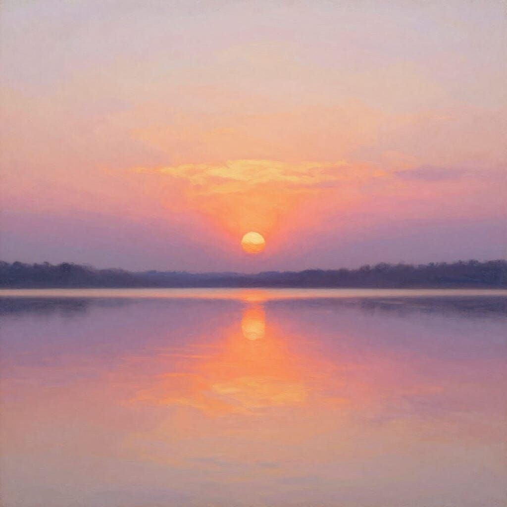 Serene Sunset Over Tranquil Lake in Luminous Oil Painting St...