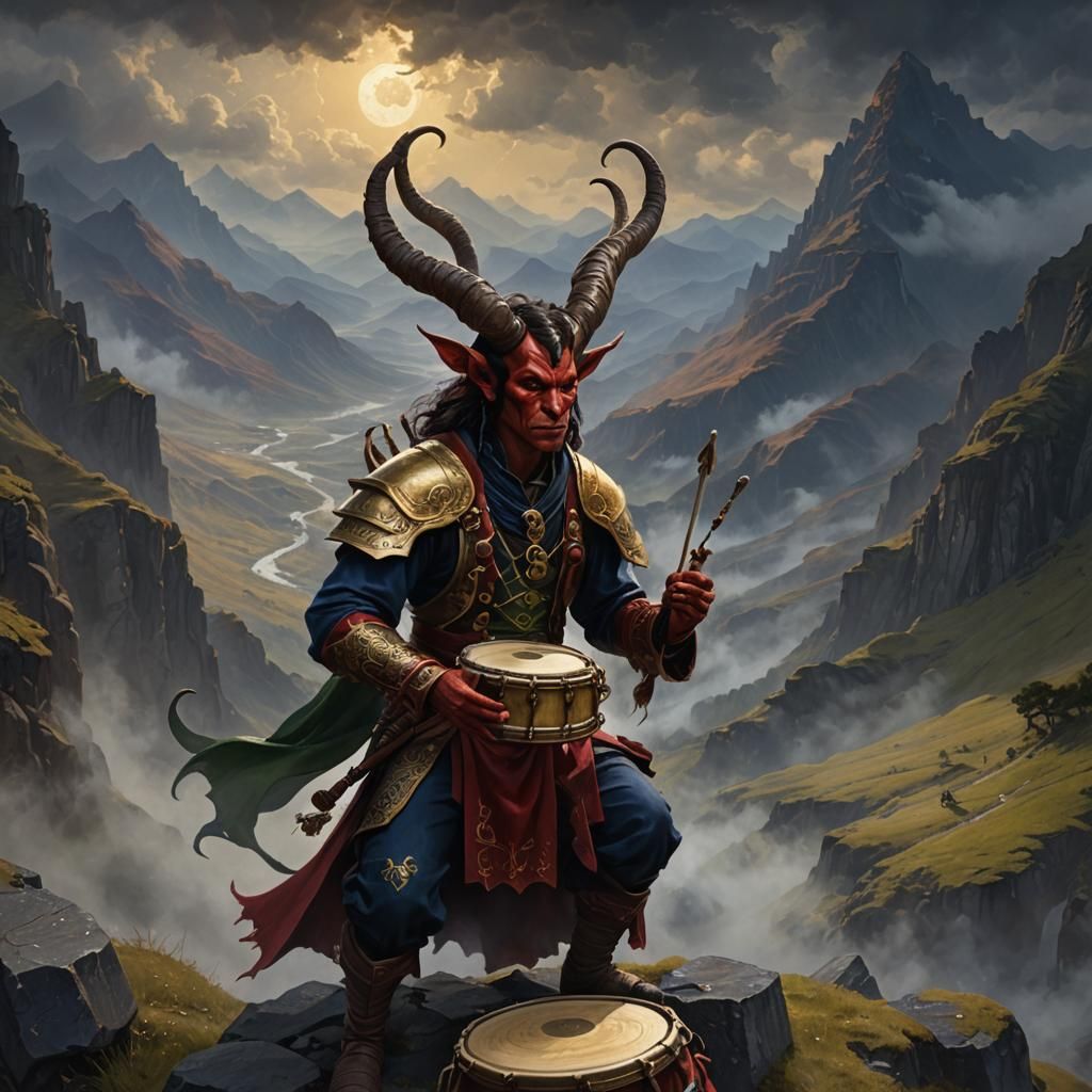 Tiefling Bard in Misty Mountainside: Detailed Matte Painting