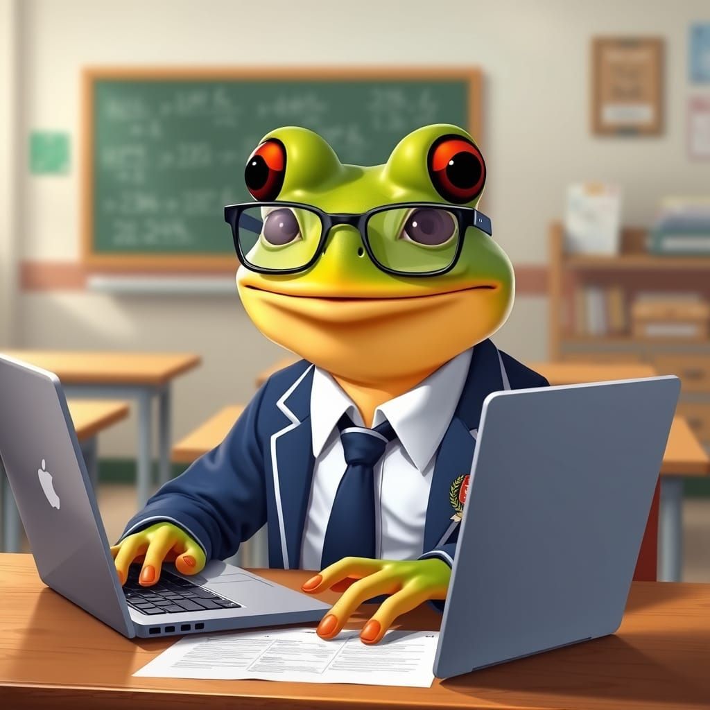 Anthropomorphic Frog Student at Desk, Realism Style