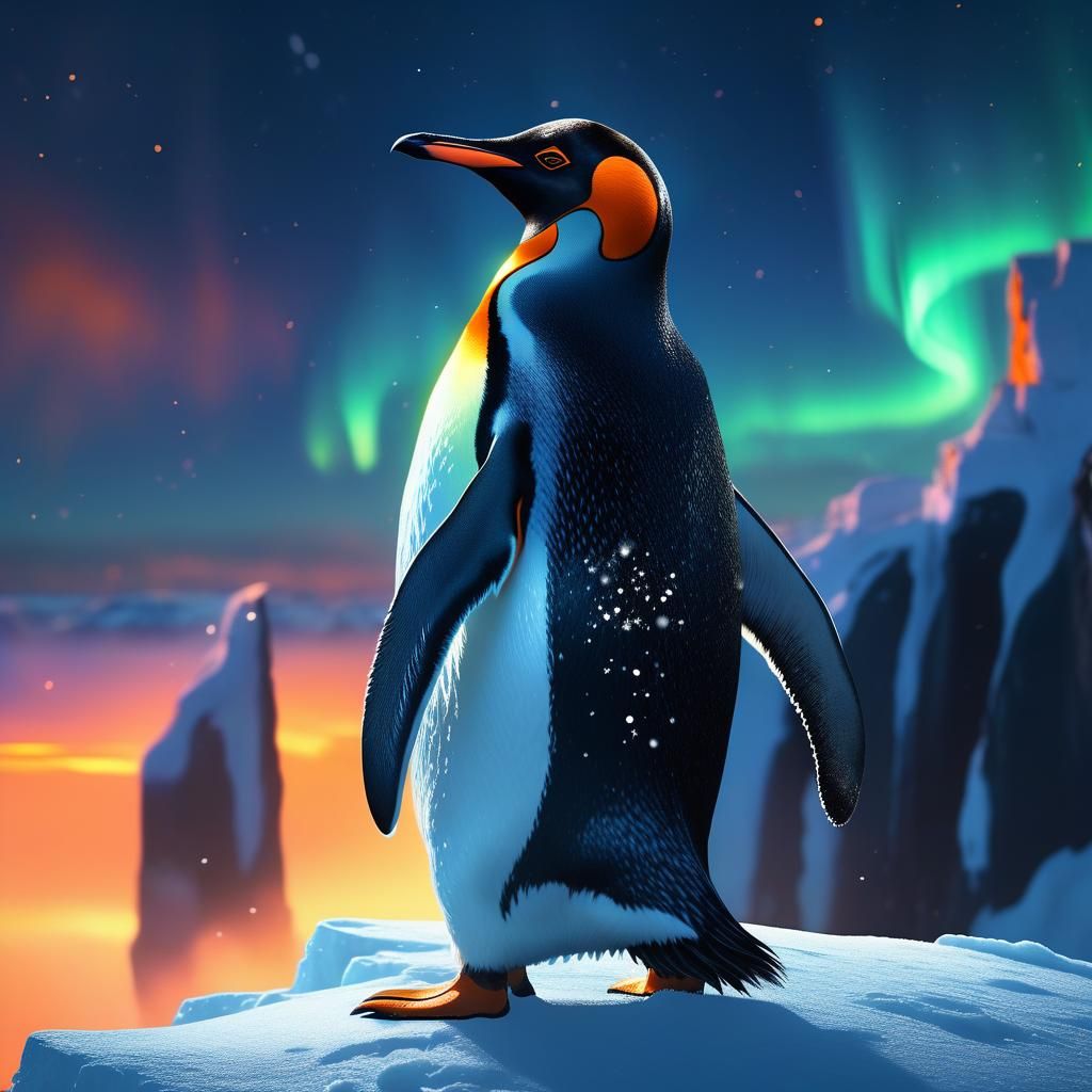 Majestic Penguin Under Aurora Lights: Fantasy Art