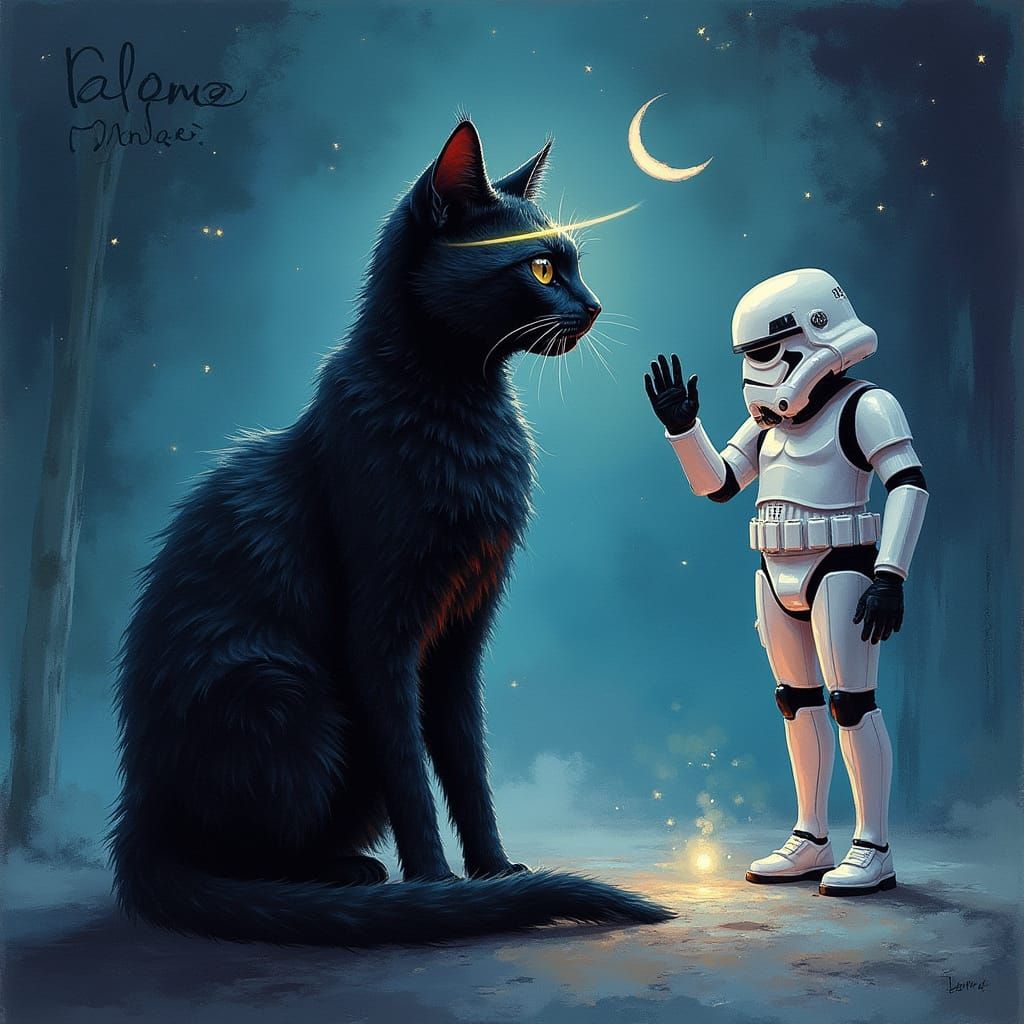 Ethereal Black Cat With Moon Amidst Spooky Art Style